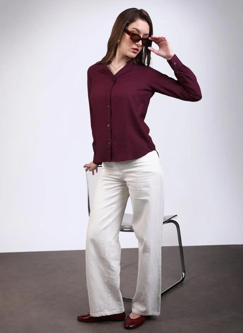 Urbano Fashion  Urbano Fashion Women's Maroon Modal Viscose Full Sleeve Regular Fit Casual Solid Shirt with Mandarin Collar for Women | Best Price UAE